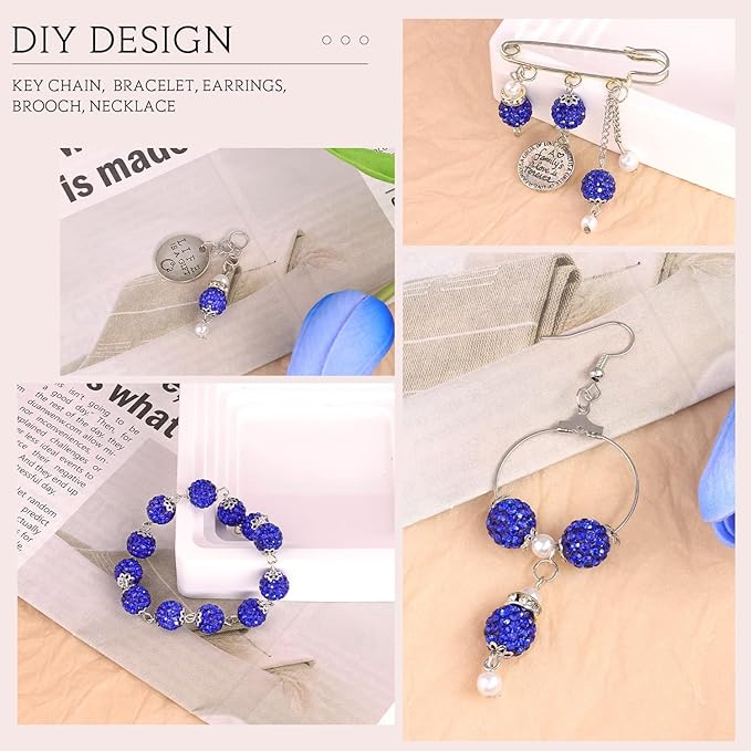 100 pcs 10mm Rhinestone Beads for Jewelry Making, Dark Blue Shiny Round Shamballa Disco Beads Bulk, Sparkle Crystal Clay Christmas for Bracelet Baseball Necklace Earring Crafting and DIY