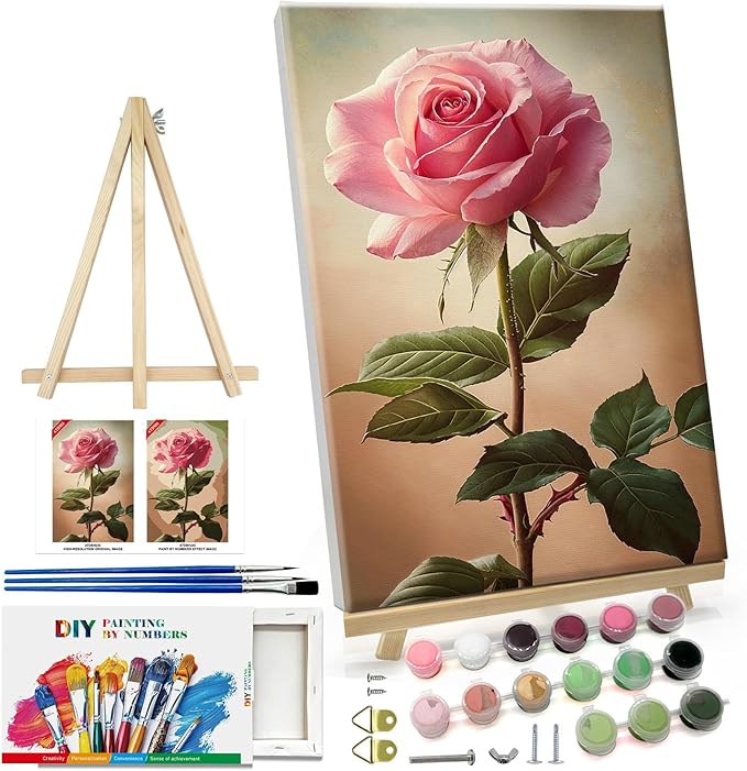ATDMS Paint by Numbers Kit for Adults with Easel Flowers Paint by Number with Frame DIY Floral Paint by Number with Easel Adult Paint by Number Kits on Canvas Framed for Home Wall Decor 8x12 Inch