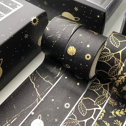 yubx creative washi tape set 10 rolls gold foil print decorative masking tapes for arts, diy crafts, journals, planners, scrapbook, wrapping (gold dark)