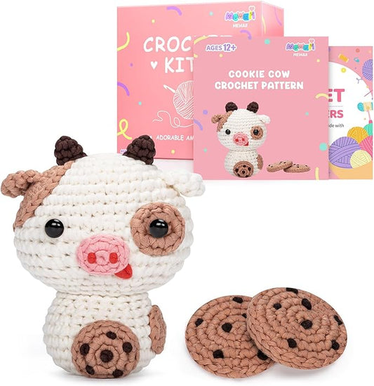 Mewaii Crochet Kit for Beginners Level 2 with 40% Extra Eco-Friendly Pre-Started Easy Yarn, Step-by-Step Video Tutorials for Adults and Kids (Cookie Cow)