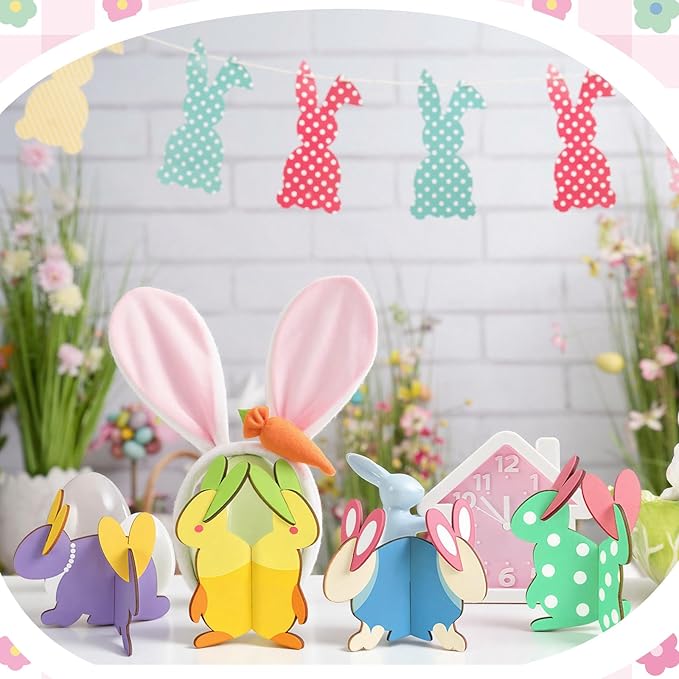 Blosssound 48 Pcs Easter Craft Set 36 Pcs 3D Wooden Bunny Cutouts Wood Unfinished Rabbit Slices to Paint with 12 Colored Markers for Easter Spring Crafts DIY Handmade Table Tiered Tray Decor