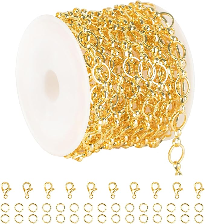 KYUNHOO 13 Feet Light Gold Necklace Chains for Jewelry Making 8MM Circle Link 18K Gold Plated Brass Chain Bulk for Craft DIY with Lobster Clasps and Jump Rings