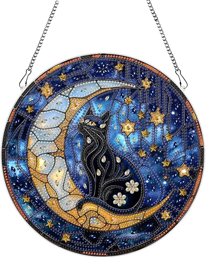 hyzsj DIY Hanging Diamond Art Pendant Painting Kit Cat,Acrylic 5D Moon Painting Window Pendants, Special Crystal Gem Craft Painting Kit Ornament