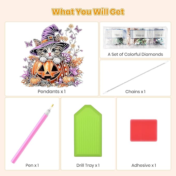 MOGTAA Cat Diamond Art Hanging Pendant Kits, Pumpkin Halloween Diamond Art Kits for Adults, 5D Special Shape Flowers Diamond Painting Gem Art for Home Garden Wall Decor
