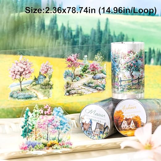 Four Seasons PET Tape Set, 6 Rolls Pre-Cut Scenic Landscape Stickers for Scrapbooking, Journaling, DIY Crafts, and Gift Wrapping