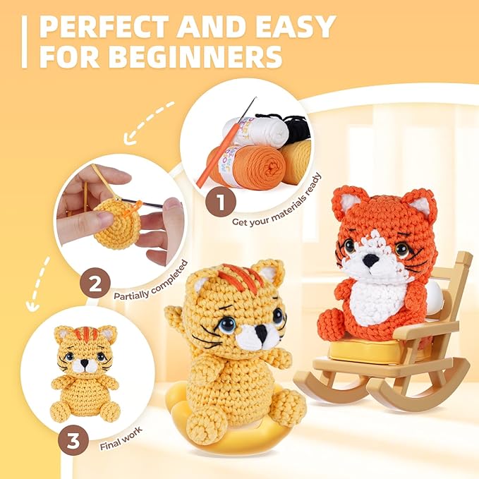 MOREJMTT Crochet Kit for Beginners, Learn to Crochet, Include Easy Knitting Soft Yarn, Step-by-Step Video Tutorial, Hook, Holiday Birthday Gift Adults (2pack cat)