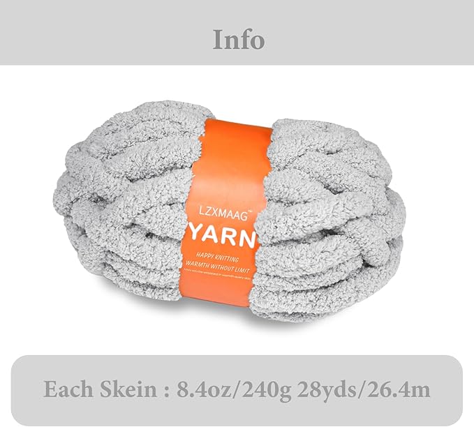 Chunky Yarn for Hand Knitting and Blankets – Super Soft Jumbo Chenille Yarn Pack for Crocheting, Bulky DIY Projects, 8 Skeins(Smoke Grey)