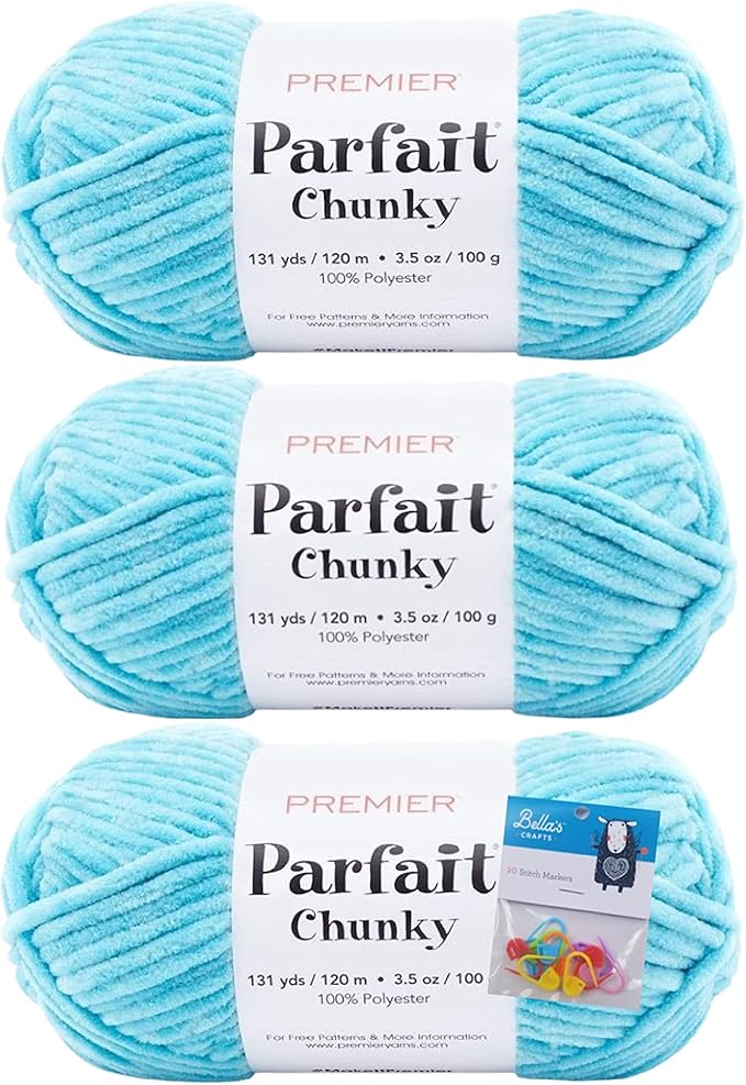 Premier Yarns Parfait Chunky Chenille Yarn 3.5 Oz 6 Super Bulky Weight 3 Pack Bundle with Bella's Stitch Place Holders (Seaside)