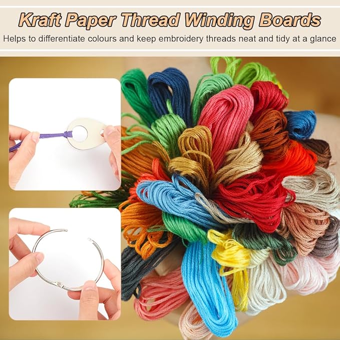BENECREAT 100pcs Teardrop Wood Thread Drops, 1.9x1.3inch Wood Cross Stitch Thread Organization with Floss Ring for Craft DIY Sewing Storage, 2mm Thick
