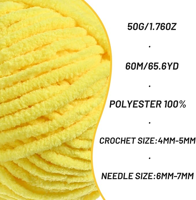 2 Packs Plush Chenille Chunky Crochet Yarn - Baby Yarn for Crocheting Soft - Velvet Yarns Knitting for Blankets Crafts - Fluffy Amigurumi Yarns 100g/131yds (2 Yellow)
