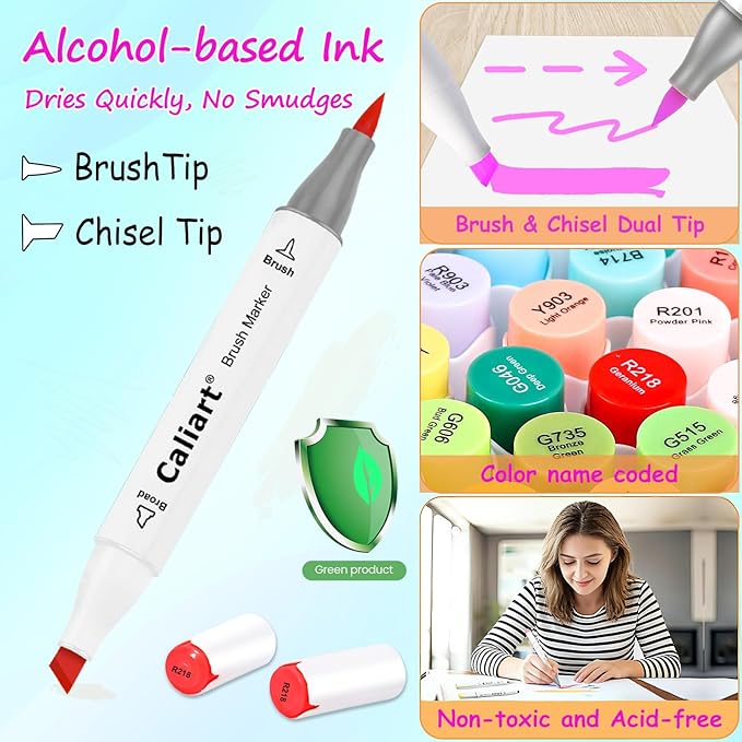 caliart alcohol brush tip markers, 101 colors adult coloring markers set dual tip chisel & brush for artists drawing illustration sketching, with case permanent colored art pens drawing supplies