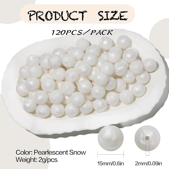 120pcs Richbunnys 15mm Bulk Silicone Beads for Pens and Keychain Making,Large Bead for Necklace and Bracelets Making,Assorted Rubber Beads Set（Pearlescent Snow）