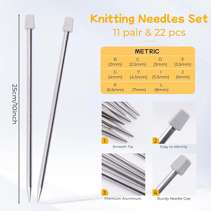 Weabetfu Knitting Needles Set,22Pcs 10inch Knitting Needles Set and 8Pcs 32inch Circular Knitting Needle Set Include Yarn with Canvas Bag,Knitting Kits for Beginners & Knitters