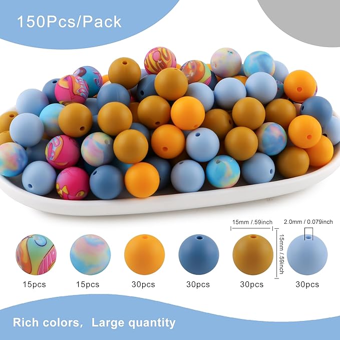 150Pcs Mixed Color 15mm Silicone Beads for Keychain Making, Blue Mustard Yellow Print Silicone Beads for Pens and Bracelet Jewelry Making