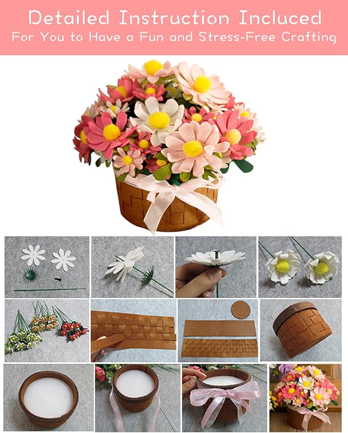 BAZIMA ALICE DIY Felt Flower Art Craft Kit, DIY Daisy Pot Bonsai Kit, 33 Daisies, Floral Gifts, Beginner Craft Kit, Arrange Pre-Cut Flowers and Foliage