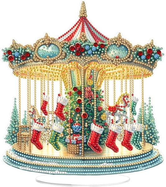 LAKEQUILL Christmas Diamond Painting Kits, Tabletop Ornament, Stand Up Diamond Art Desktop Kits for Home Office Decor, New Year Gift - Xmas Carousel