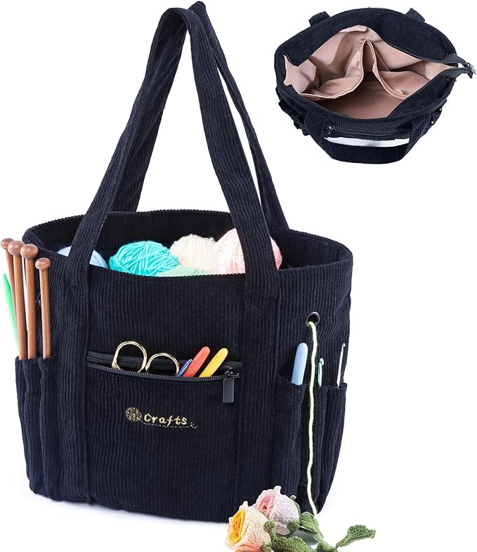 Crochet Bag and Tote - Corduroy Yarn Bag - Yarn Holder for Crocheting - Crochet Storage Bag for Crochet Hooks, Crochet Accessories, Knitting Bag for Crochet Lovers, Mom Gift