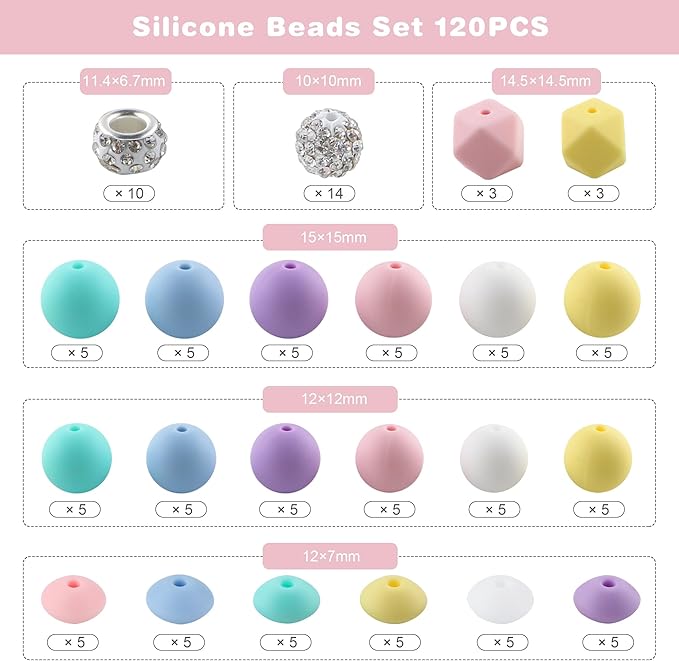 120Pcs Multicolor 12mm 15mm Silicone Beads for Keychain Making, 14mm Hexagon Beads Rhinestone Round Spacer 10mm for DIY Handicrafts(Warm)