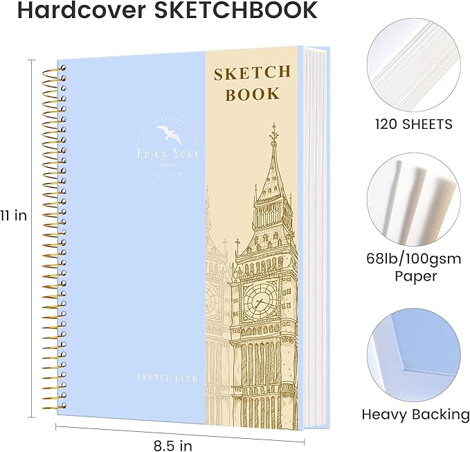 Hardcover Sketchbook for Drawing 8.5 x 11 Spiral Sketch Book for Adults Women Kids with 100gsm 68lb 120 Sheets Premium Paper Sketch Pad for Drawing Books Notebook Art Supplies, Blue