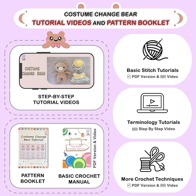 LoopMap Amigurumi Crochet Kit for Beginners with Removable Dress & Video Tutorials, DIY Bear Making Kit Includes Premium Yarn & Tools, Creative Gift for Adults Teens (Purple)