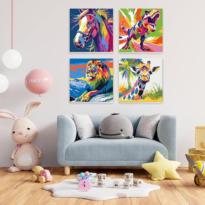 4 Pack Paint by Numbers Kit for Kids Beginner with Wooden Frame, Colorful Horse, Dinosaur, Lion, Giraffe, Paint by Numbers Kit for Adults, Rainbow Animal, Painting Kits for Home Wall Decor 8x8 inch