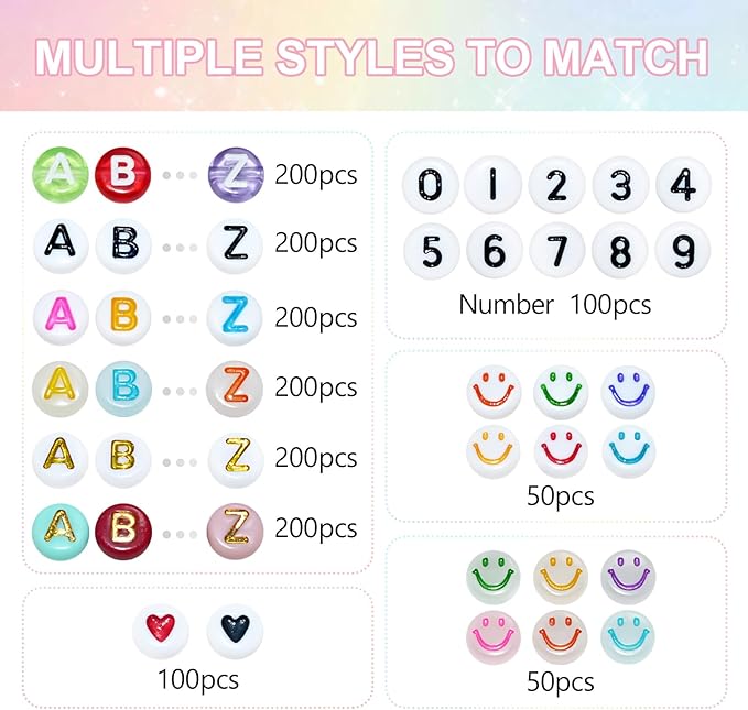 1500 Pieces 6 Colors Letter Alphabet Beads and Number Heart Beads Round Flat and Crystal Line for Jewelry Making