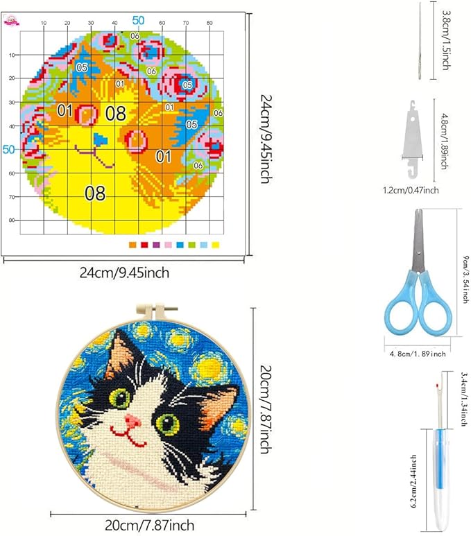 Zhenqing Night Sky Cats Cross Stitch Kit - 3-Piece Set with Pre-Printed 11CT 24x24cm Fabric, Hoop & Tools, Starry Night Theme for Beginners (70413)