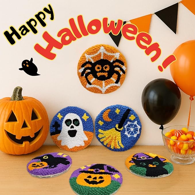 Halloween Punch Needl Kit for Adults Beginners, Easy Embroidery Punch Coaster Starter Set with Instruction – Fun Needle Point Craft for Table Decor & Festival DIY Gifts (6pcs Spooky)