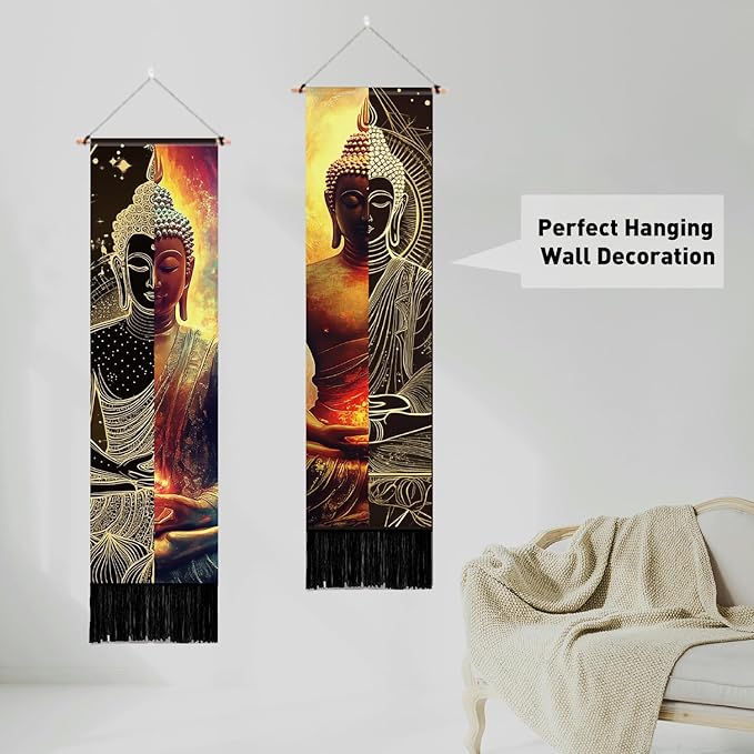 PLIGREAT 2 Pack Buddha Tapestry with Tassels, Vertical Zen Decor Long Narrow Wall Tapestry Meditation Wall Hanging for Yoga Room Bedroom Living Room Dorm Room Home Art Decor, 46" x 13"