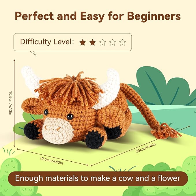 MOREJMTT Crochet kit for Beginners Adults, Learn to Crochet, Include Easy Knitting Soft Yarn, Step-by-Step Video Tutorial, Hook, Holiday Birthday Gift (Highland Cow)