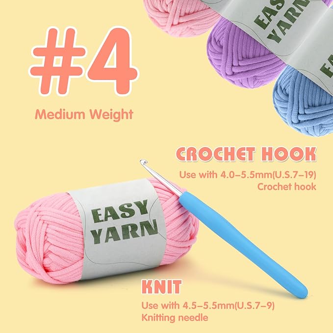 4x50g (7.1Oz) Crochet Yarn, 4x87Yds Yarn for Crocheting, Beginners Yarns for Crocheting with Easy-to-See Stitches, Stitch Markers, Cotton Yarns for Crochet-(Pink&Purple&Blue&Yellow)