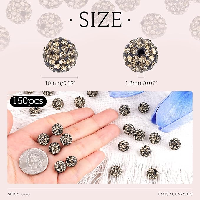150pcs 10mm Rhinestone Beads for Jewelry Making, Gray Shiny Round Shamballa Disco Ball Beads Bulk, Sparkle Crystal Clay Christmas for Bracelet Baseball Necklace Earring Crafting and DIY