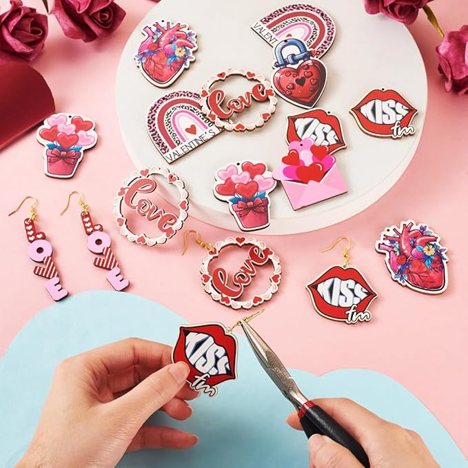 Elecrelive Valentine Earring Making kit 16pcs Wooden Dangle Charms Big Wood Pieces & 40pcs Earring Hooks 40pcs Jump Rings for Women Pierced Earrings Mother's Day Gift