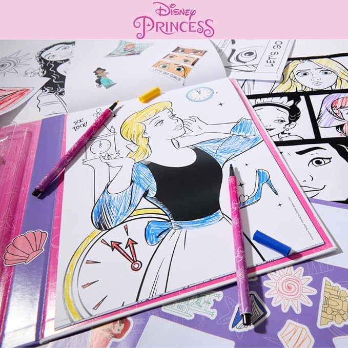 Disney Princess Coloring Book for Adults and Kids, Black & White Sheets, Velvet Coloring Pages, Stickers, Washable Markers