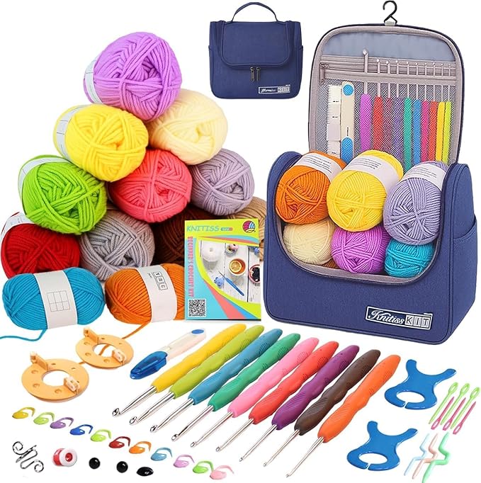 yarniss crochet kits for beginners,all in one crochet kits with 840 yards crochet yarn,ergonomic crochet hooks set with yarn for adults,navy