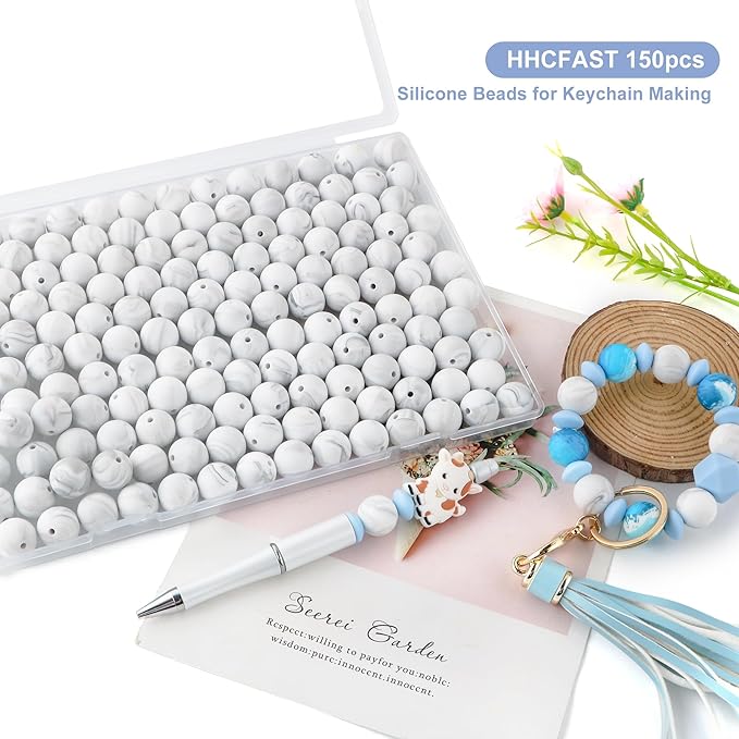 150Pcs 15mm Silicone Beads for Keychain Making Bracelet Necklace, Bulk Round Silicone Beads for Pens（Marble White）