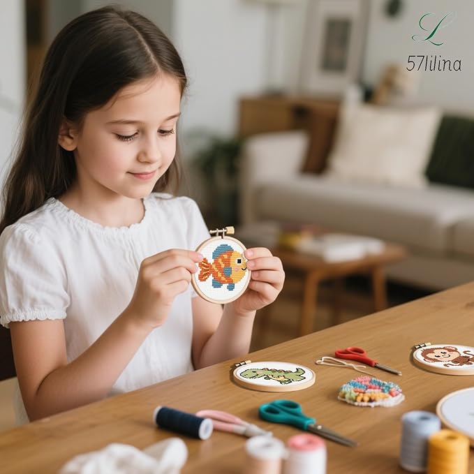 57lilina Cross Stitch Kits for Kids - 6 Set Easy Beginners Embroidery Kit for Kids, DIY Cute Pre Printed Stamped Crossstitch Needlepoint Patterns Craft for Backpack Charms, Keychains & Girls Gifts
