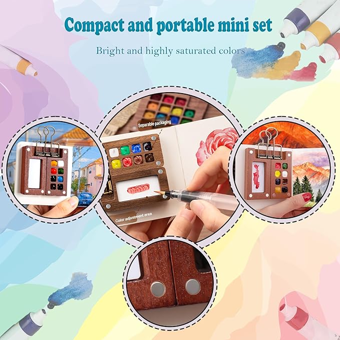EVOCKAY Portable Watercolor Travel Set - Mini Artist Paint Palette with Clip, 12 Vibrant Colors in 8 Grids, Perfect for Artists, Painters & Students - Wooden Travel Kit