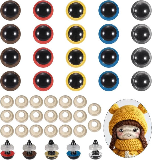 PATIKIL 18mm Safety Eyes, 20Pcs Realistic Doll Crocheting Safety Eyes with Washers for Decor Crochet Accessories Dolls Craft Halloween, Brown/Blue/Clear/Red/Yellow
