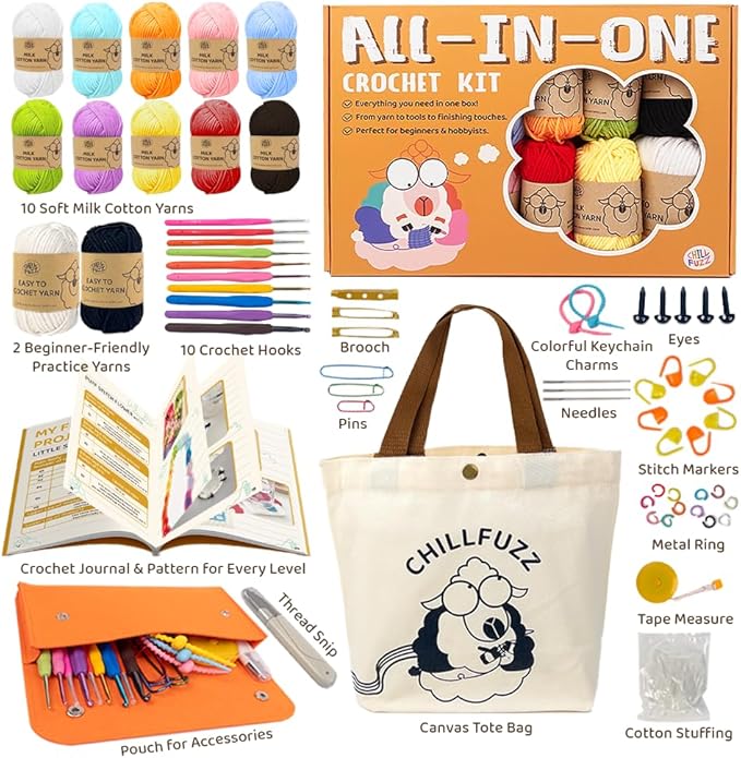 ChillFuzz Crochet Kit for Beginners 85 Piece Complete Crochet Set with Yarn, Hooks, Pattern Book – Beginner Crochet Kit for Adults & Kids with Tutorials, Great Christmas Gift for Craft Lovers Basic