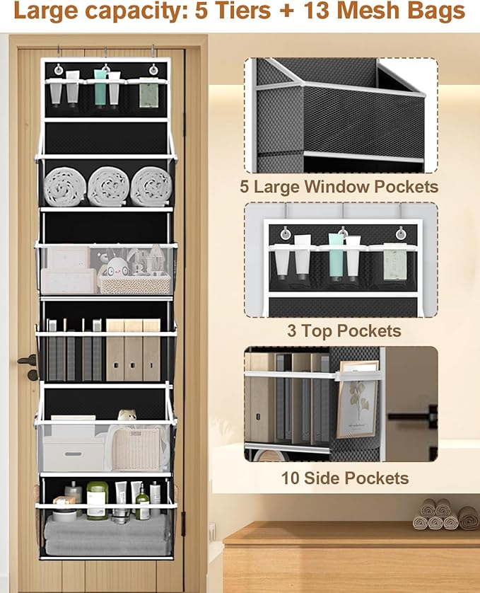 Hanging Yarn Storage Organizer, Large Capacity Knitting Yarn Organizer Storage with 5 Deep Pockets 13 Mesh Bags, Over The Door Yarn Holder for Knitting Needles Crochet Hooks, Black