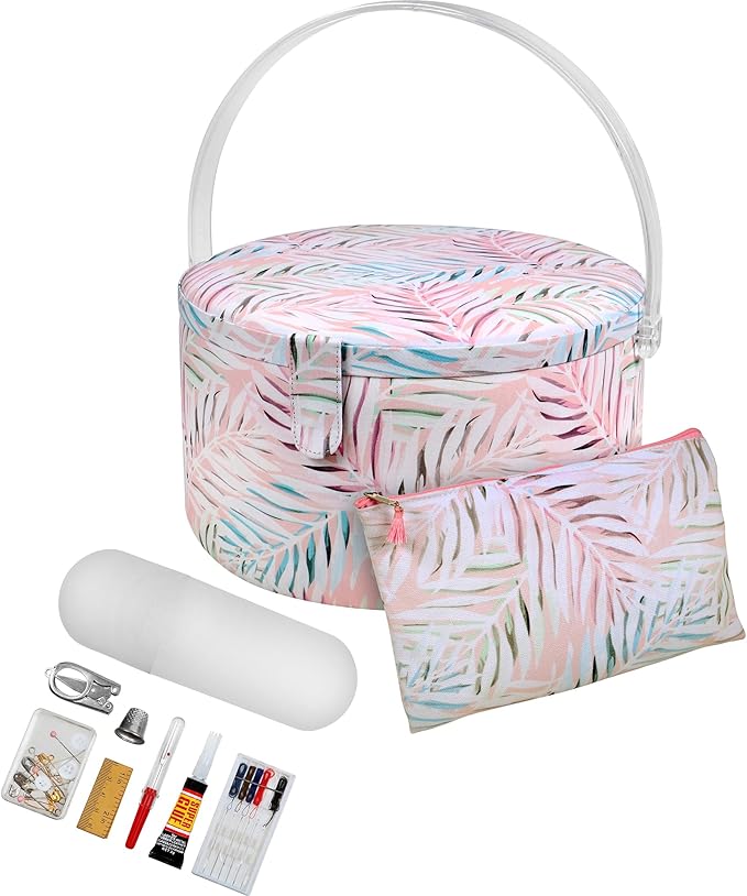 SINGER Premium Round Large Sewing Basket with Matching Zipper Pouch and Emergency Sewing Kit | 30% More Storage Volume (Pastel Palm Leaf)