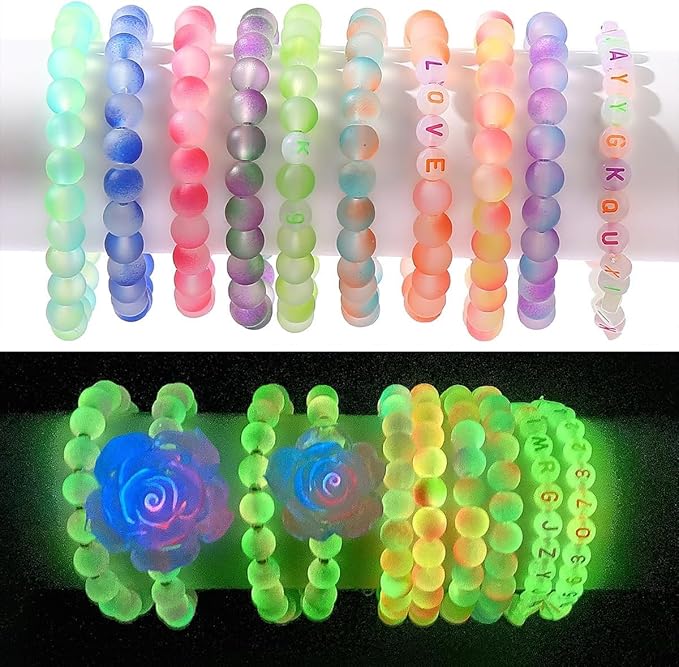 Glow in The Dark Glass Beads for Bracelet Making, 850pcs 6mm 26 Color Crystal Gem Beads Round with Luminous Numbers&Letters Craft Beads for Bracelets Necklaces Earring Making Kit Party Decor