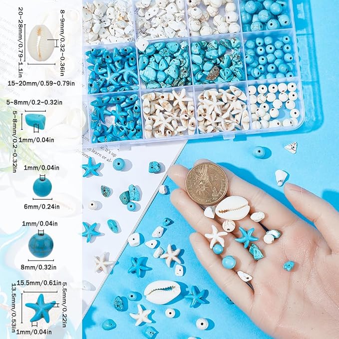 SUNNYCLUE 1 Box About 300Pcs Bohemian Style Starfish Beads Blue White Natural Shell Beads Summer Ocean Animal Starfish Seashell Charms 6mm 8mm Chip Spacers for Jewelry Making Kits