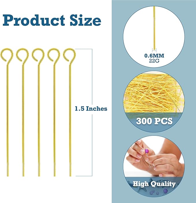 Mandala Crafts 300 1.5 Inch Gold Eye Pins for Jewelry Making Earring Making Supplies Jewelry Findings Open Eye Head Pins for Earrings DIY Bracelets Rosary Charms