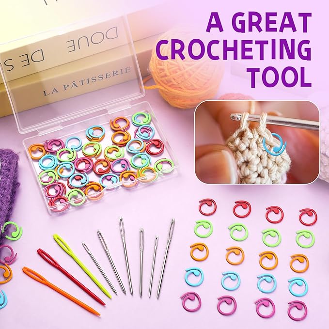 Lokunn 100 Pcs Metal Stitch Markers, 5 Color Helical-Shaped Crochet Markers Ring, 9 Pcs Large Eye Blunt Sewing Needles with Storage Box for DIY and Craft Sewing