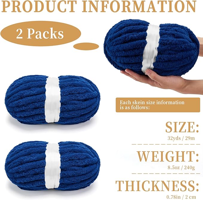 Chunky Chenille Yarn for Crocheting/Arm Knitting, Super Soft Jumbo Knit Blanket Yarn Navy 2 Pack (32 yds, 8.5 oz Each Pack)