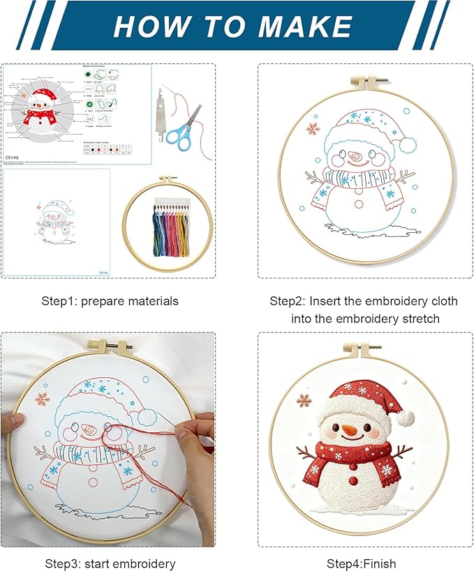 Zhenqing Snowman Embroidery Kit for Beginners - Complete Set with 20cm Hoop, Pre-Printed 29x29cm Cotton Fabric, Threads & Tools(C0146)