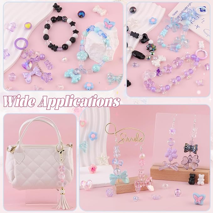 200-260pcs tinkrstuff assorted acrylic beads purple cute beads for bracelet making,bow aesthetic gummybear flower candy butterfly kawaii charms for jewelry making diy necklace keychain phone charm
