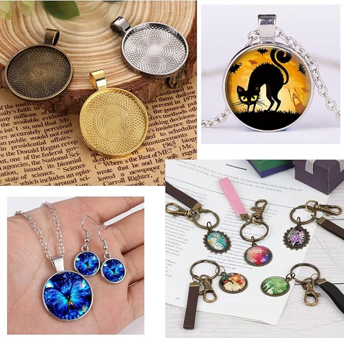 J6QIHANG Pendant Trays Kit for DIY Jewelry Craft Making, Including Round Pendant Bezel Blank Trays Glass Cabochons Waxed Necklace Cords for Photo Cameo Jewelry Making